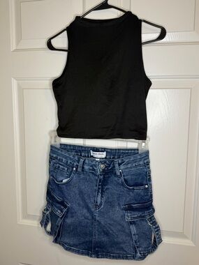 Wax Denim Jean Skirt & Sincerely Jules Black Ribbed Crop Tank Top Set SZ Small